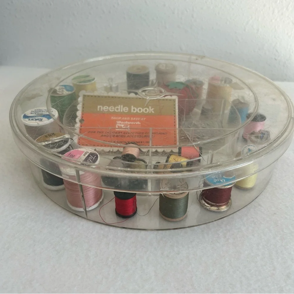 Vintage Round Sewing Thread Box Caddy w Accessories Large 60's Clear Plastic MCM